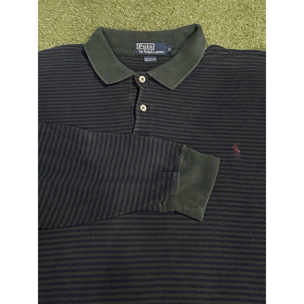 Vtg Polo Ralph Lauren Rugby Polo Shirt Mens XL Green Blue Stripe Long Sleeve